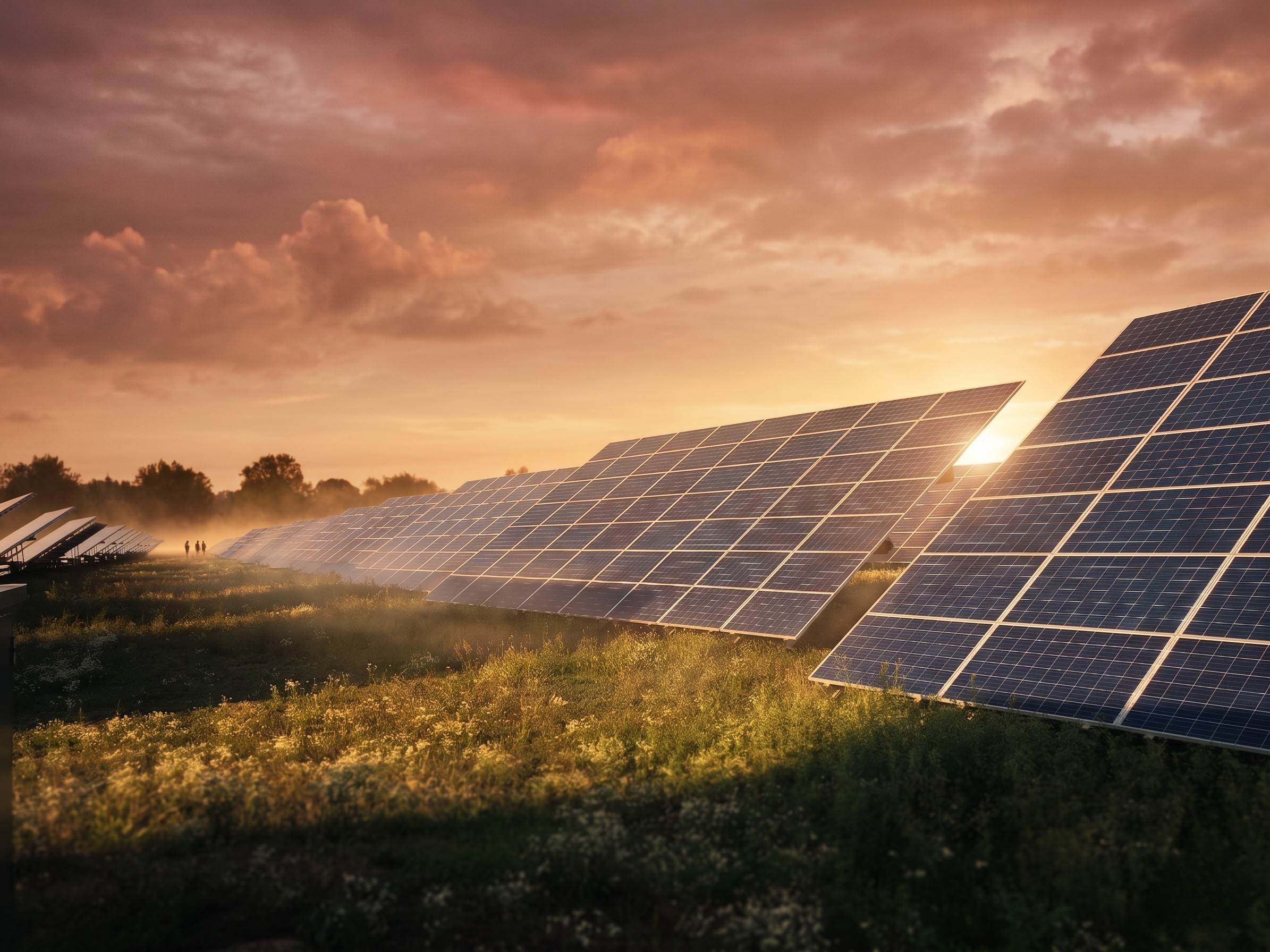 Campo de paneles solares al atardecer con cielo dramatico